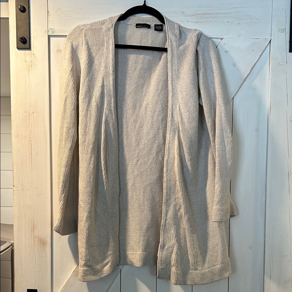 Moda International Open-Front Light Cream Knit Cardigan Linen Cotton Medium